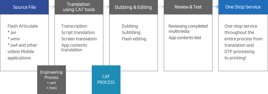 Source File→Translation using CAT tools→Dubbing & Editing→Review & Test→One Stop Service